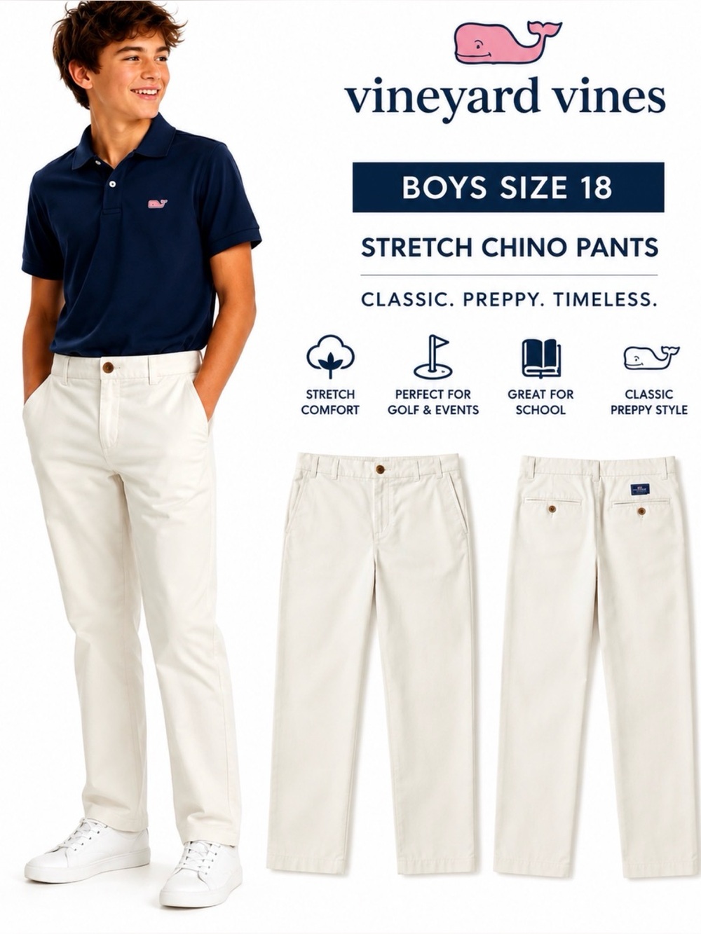 Vineyard Vines Boys Size 18 White Stretch Chino Pants Preppy Classic